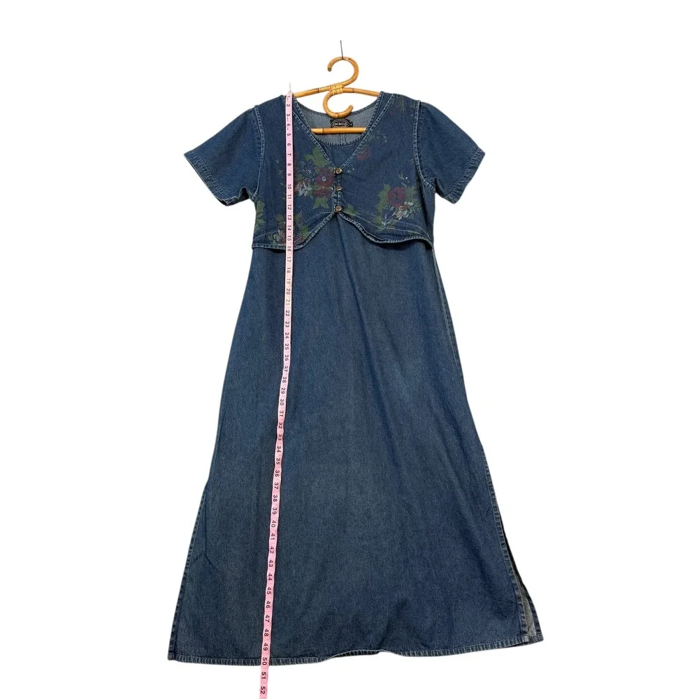 Vintage | Che Bella | Denim Floral Layered Maxi Dress Blue Medium Wash Size L - Picture 15 of 16